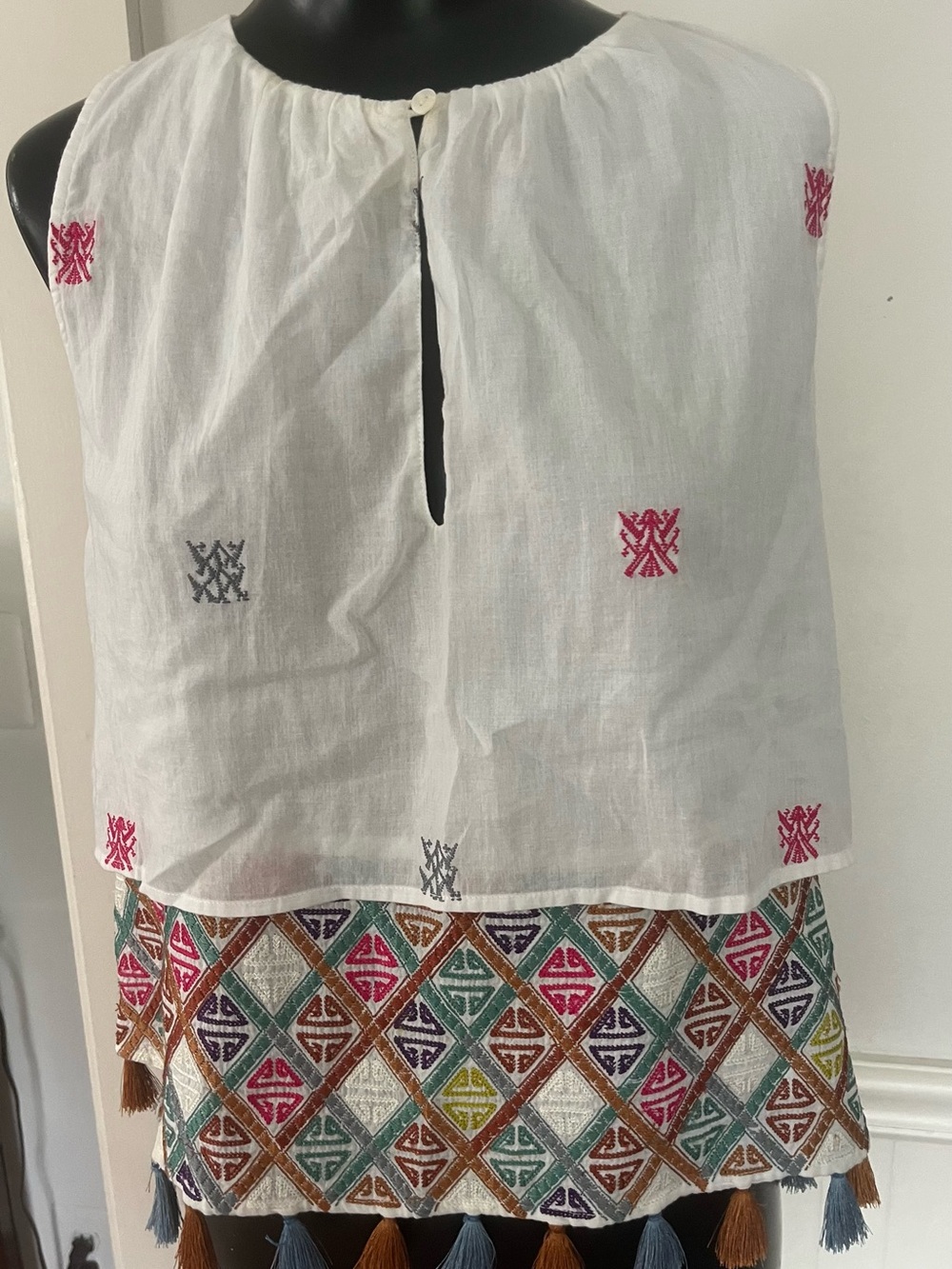 Roller Rabbit White Layered Mini Shirt with Multicolor Geometric Embroidery